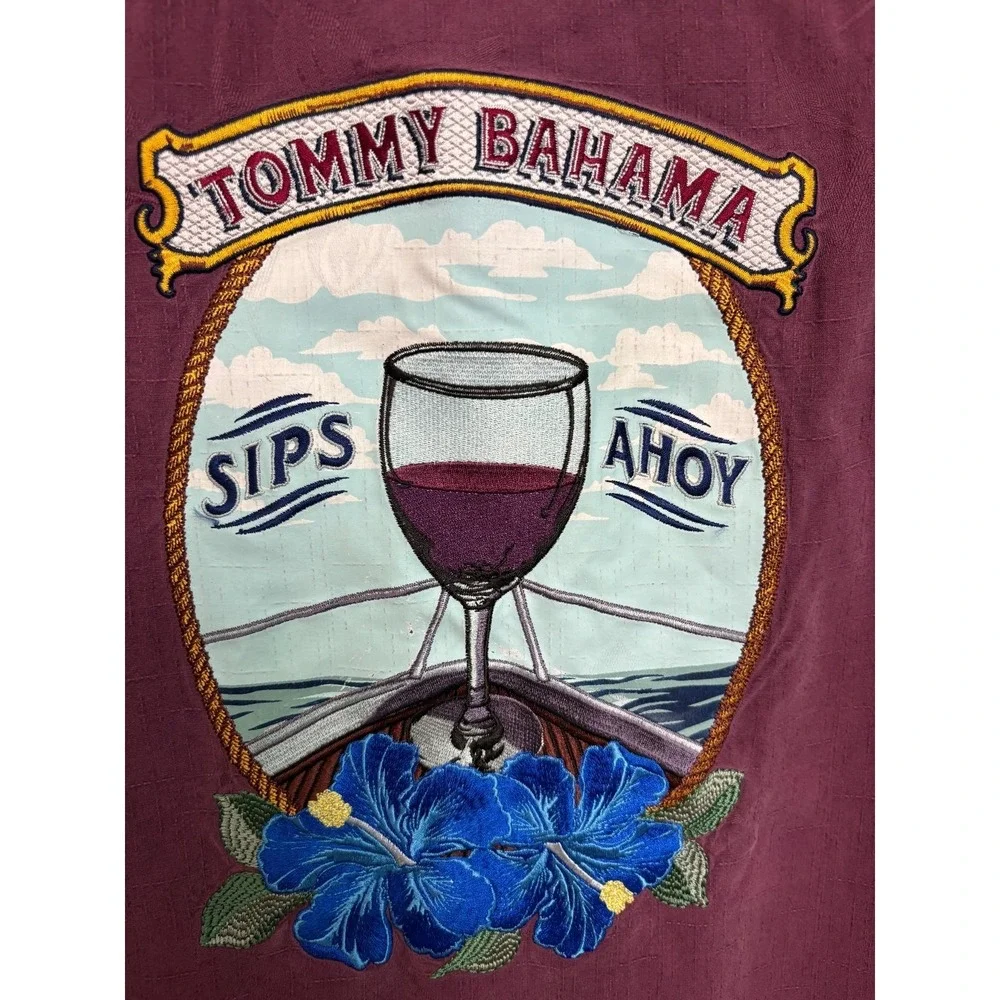 Vintage Rare Tommy Bahama Sips Ahoy Silk shirt embroidered Mens S Wine Floral